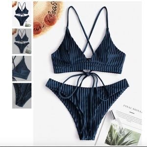 ZAFUL Velvet Ribbed Teal Bikini